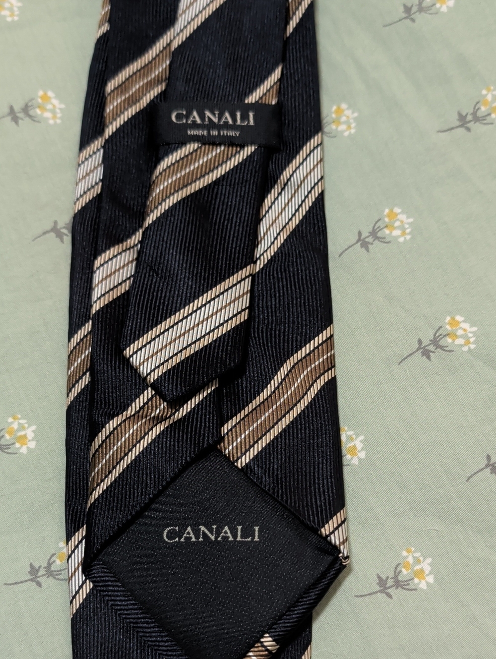 Canali Black Tie with Brown Gold and Cream Diagonal Stripes